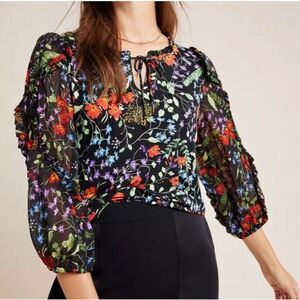 Anthropologie Maeve Jacquin Floral Sheer Metallic Sleeves Blouse Top Shirt